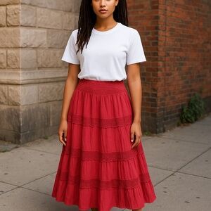 Old Navy Women’s Vibrant Coral Red Elastic Smocked Waist 3-Tier Maxi Skirt Sz-S